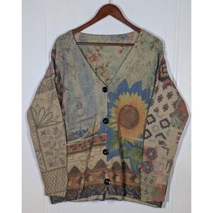 Yesno Cardigan Sweater Patchwork Sunflower Wool Blend Boho Womens XXL 2XL Button